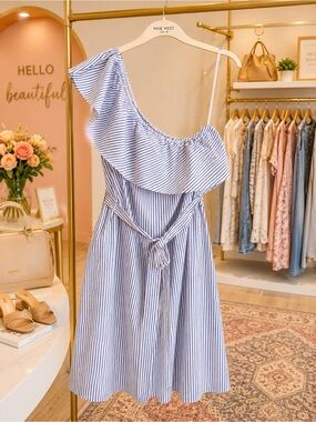 Nine West Blue and White Striped One-Shoulder Ruffle Dress